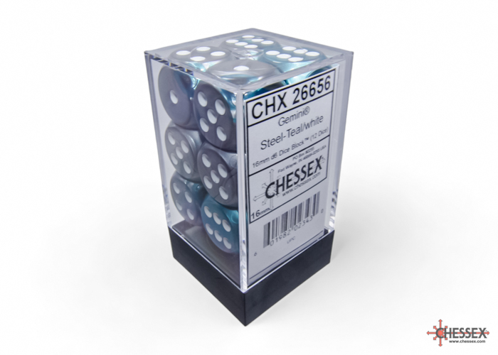 Gemini Steel-Teal/white 16mm d6 Dice Block (12 dice) - CHX26656